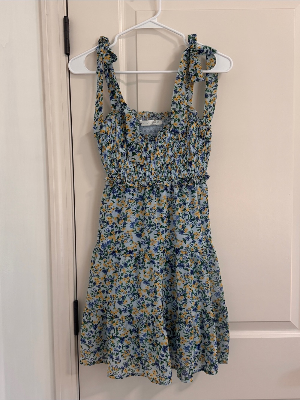 Altar'd State Light Blue Floral Smocked Tie-Shoulder Mini Dress